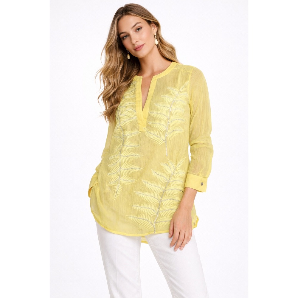 Joan Vass Yellow Fern Embroidered Sheer‎ Tunic Blouse Size M Long Sleeve Tab Top
